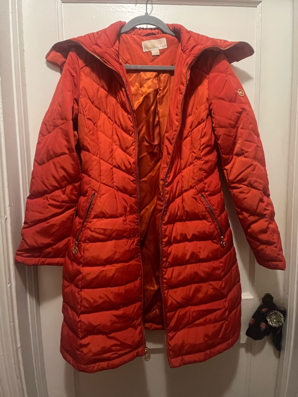 Michael Kors Chevron Quilted Pillow Collar Puffer Coat - Rust Orange XS